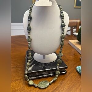 Elegant Green Serpentine Stone Beaded Necklace 28”